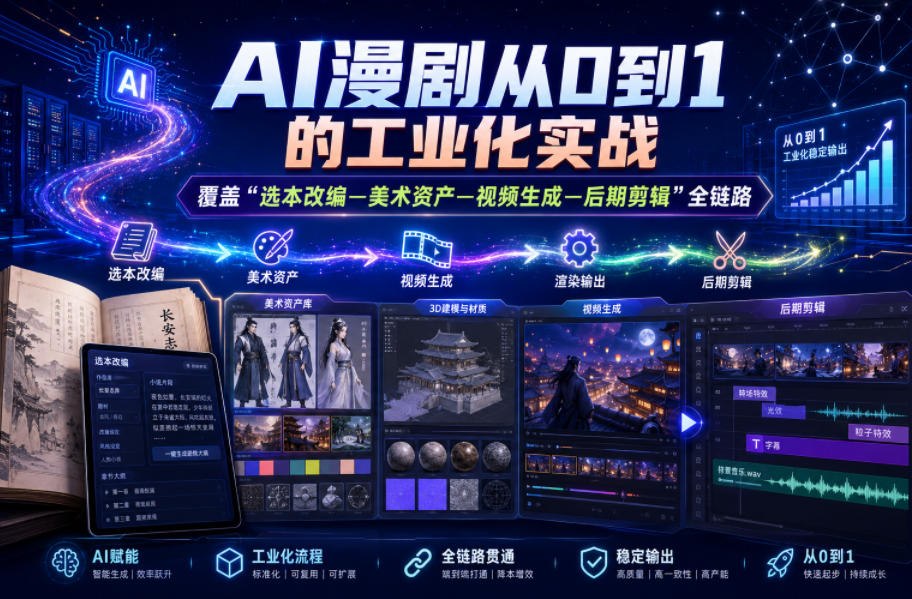 AI漫剧从0到1的工业化实战,覆盖“选本改编—美术资产—视频生成—后期剪辑”全链路课程插图 AI漫剧从0到1的工业化实战,覆盖“选本改编—美术资产—视频生成—后期剪辑”全链路课程